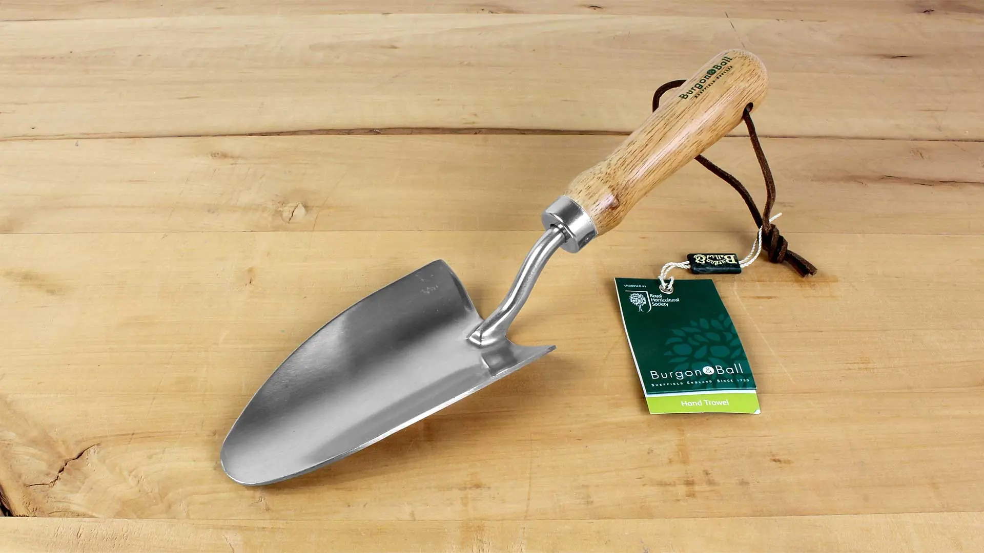 Stainless Hand Trowel with wooden Handle Total Length 300 mm = 12 in. BURGON & BALL