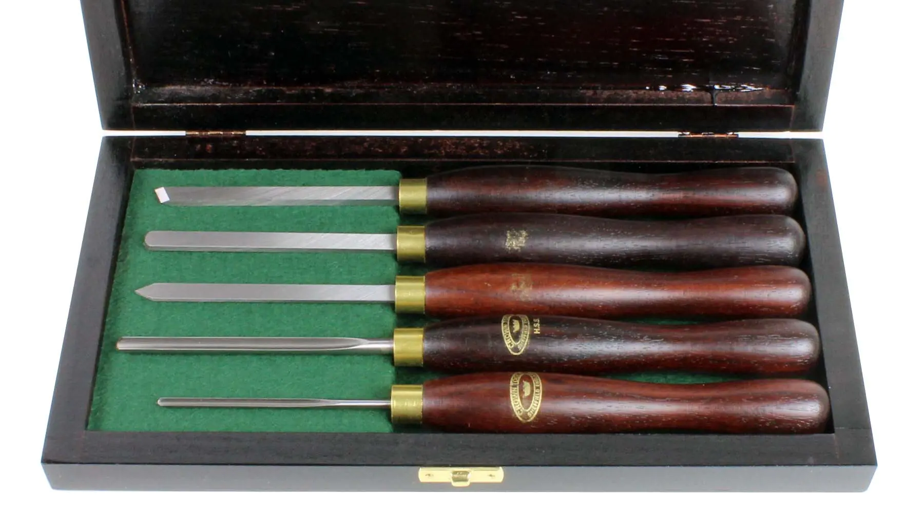 5 Piece Miniature H.S.S. Woodturning Set in wooden box CROWN