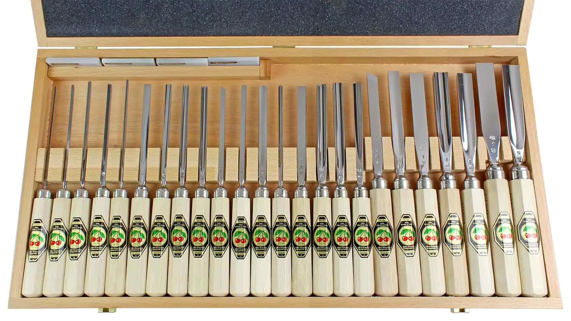 Set of 24 Carving Chisels in Wooden Box TWO CHERRIES