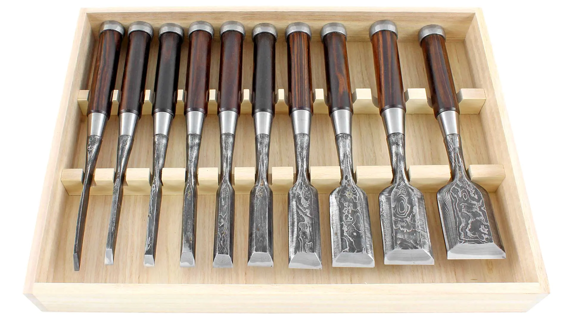Set of 10 Japanese Bench Chisels  Suminagashi Damascus Steel DAITEI