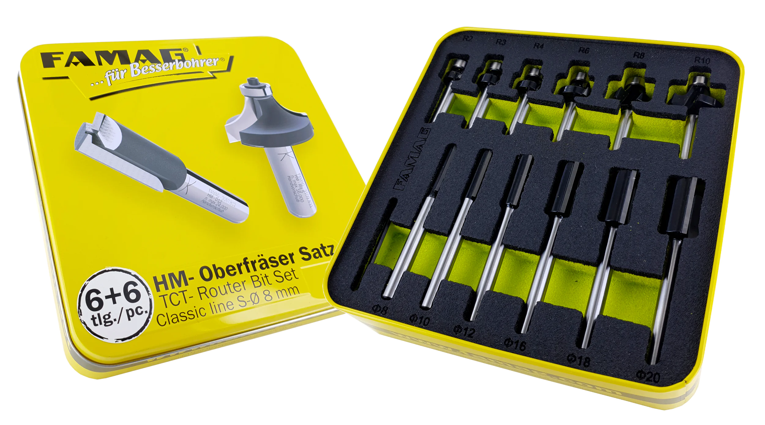 6+6 Nut and Corner Rounding Router Bit Set in Metal Box Classic Line FAMAG