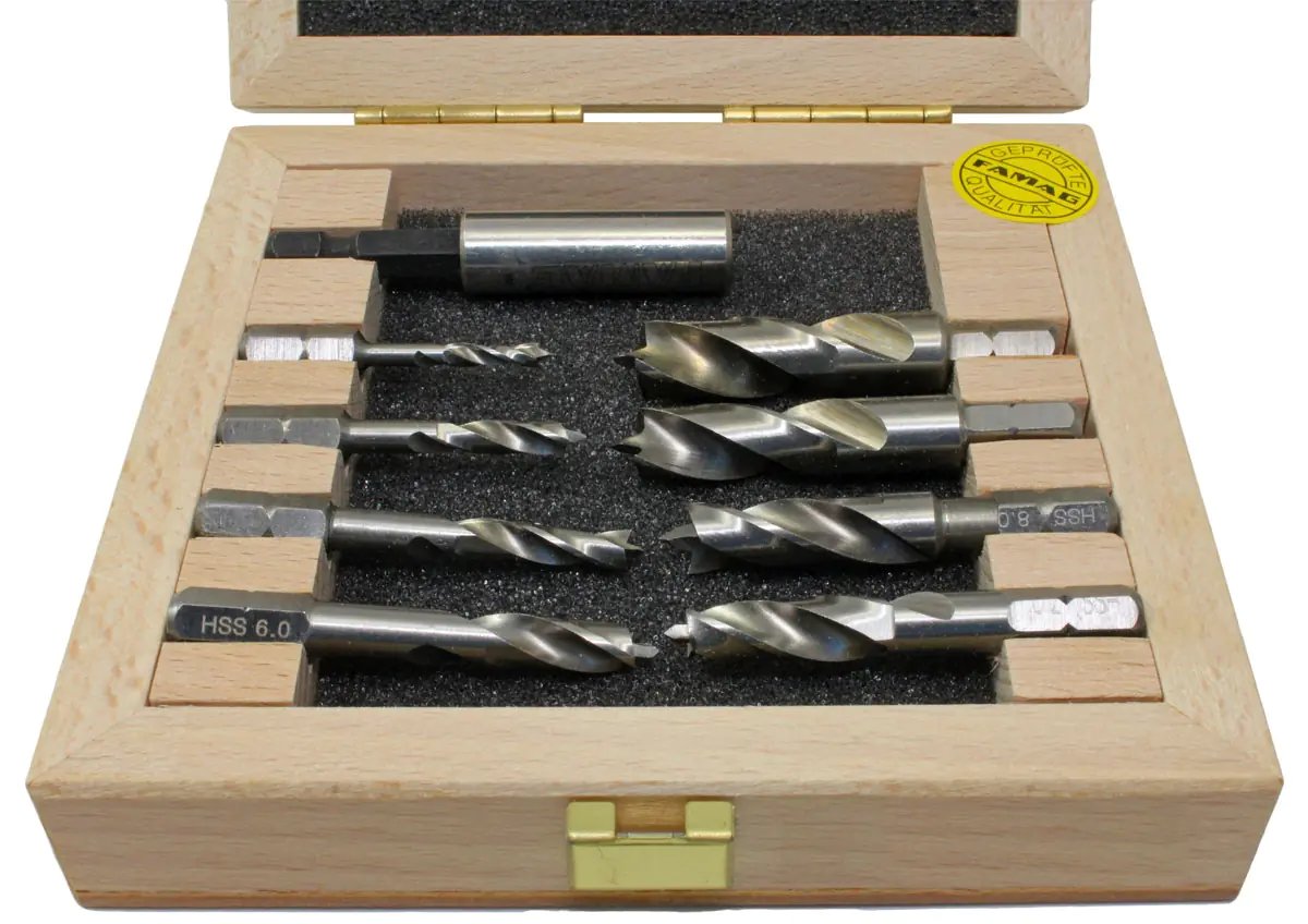 Set Brad Point Drill Bits HSS-G 3-4-5-6-7-8-9-10 mm + Bitholder FAMAG