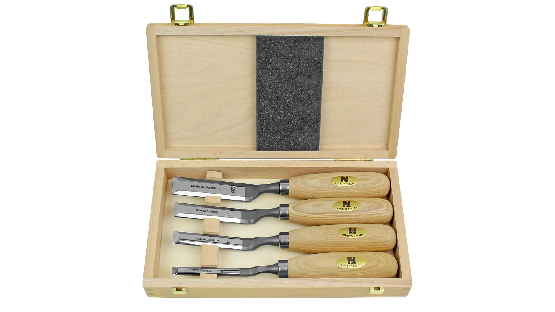 Set of 4 Cranked Paring Chisel with round handle 10-16-20-26 mm in wooden box MHG
