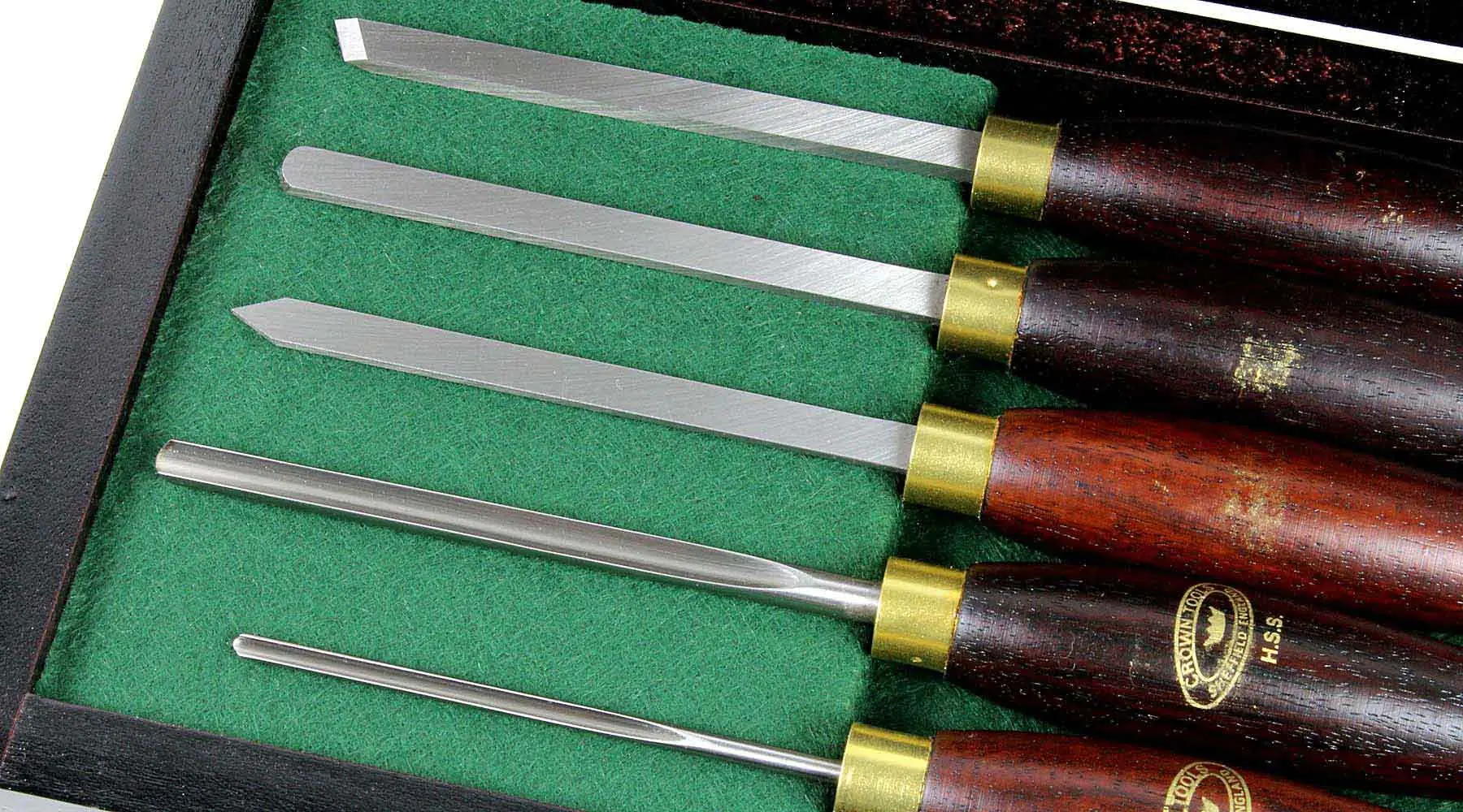 5 Piece Miniature H.S.S. Woodturning Set in wooden box CROWN 5 Piece Miniature H.S.S. Woodturning Set in wooden box CROWN