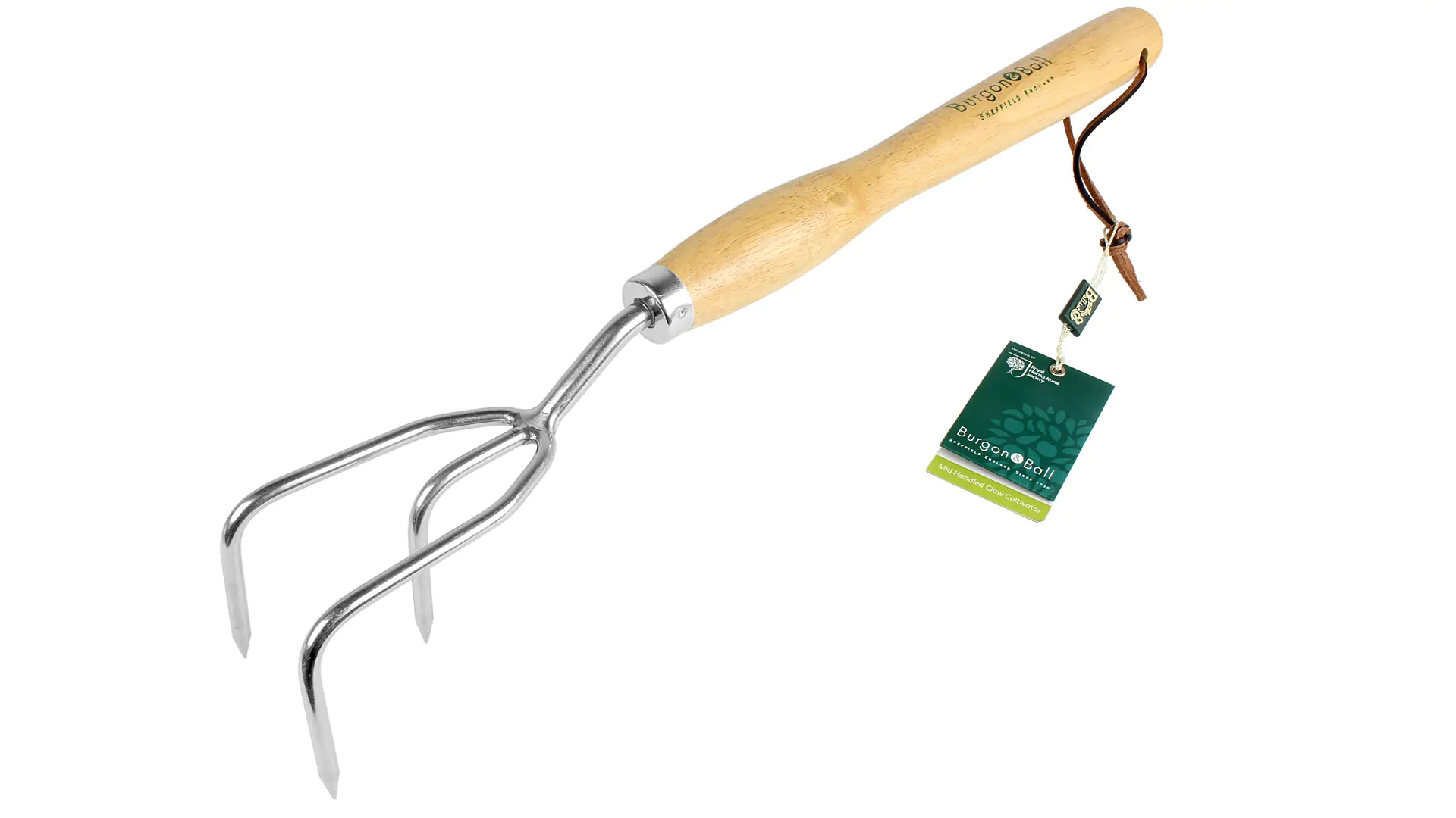 Stainless Claw Cultivator with long wooden Handle Total Length 460 mm = 18 in. BURGON & BALL