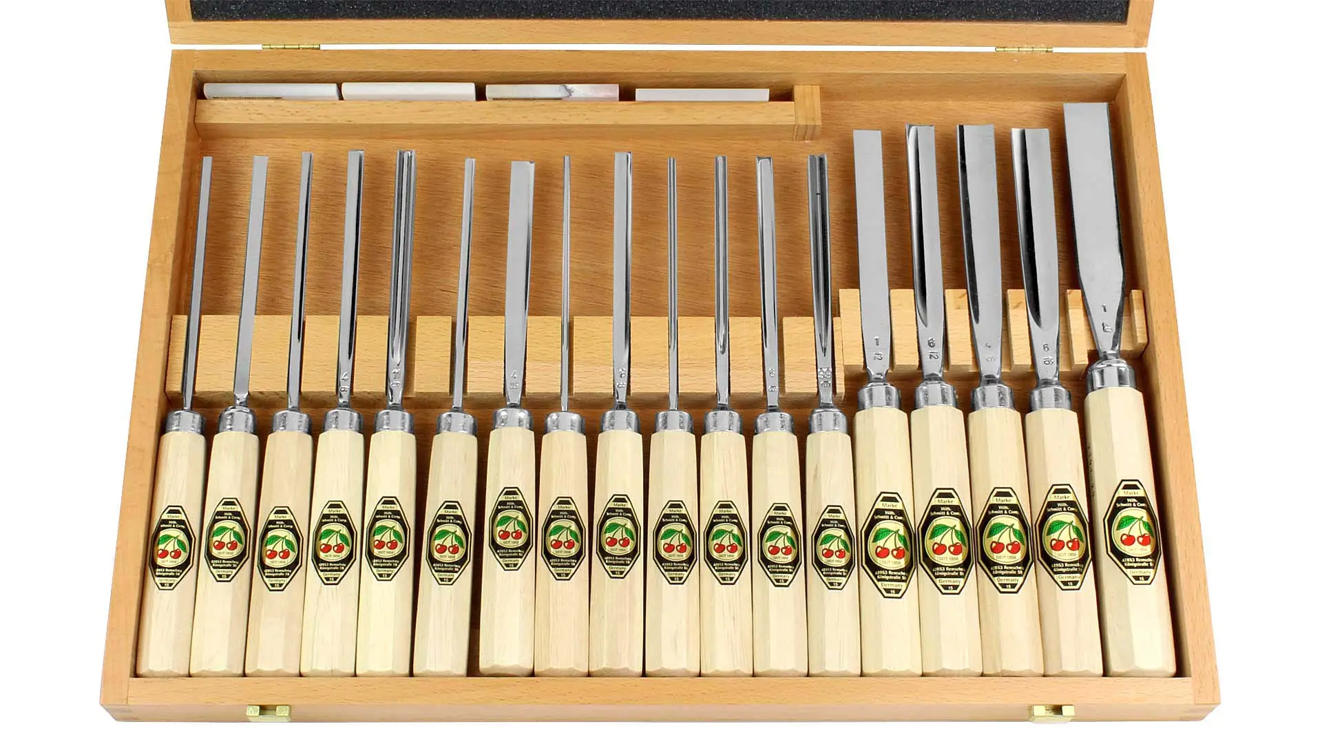 Set of 18 Carving Chisels in Wooden Box TWO CHERRIES