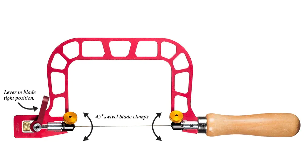 Fret saw blade tension via lever, additionally, blade angle adjustment possible.