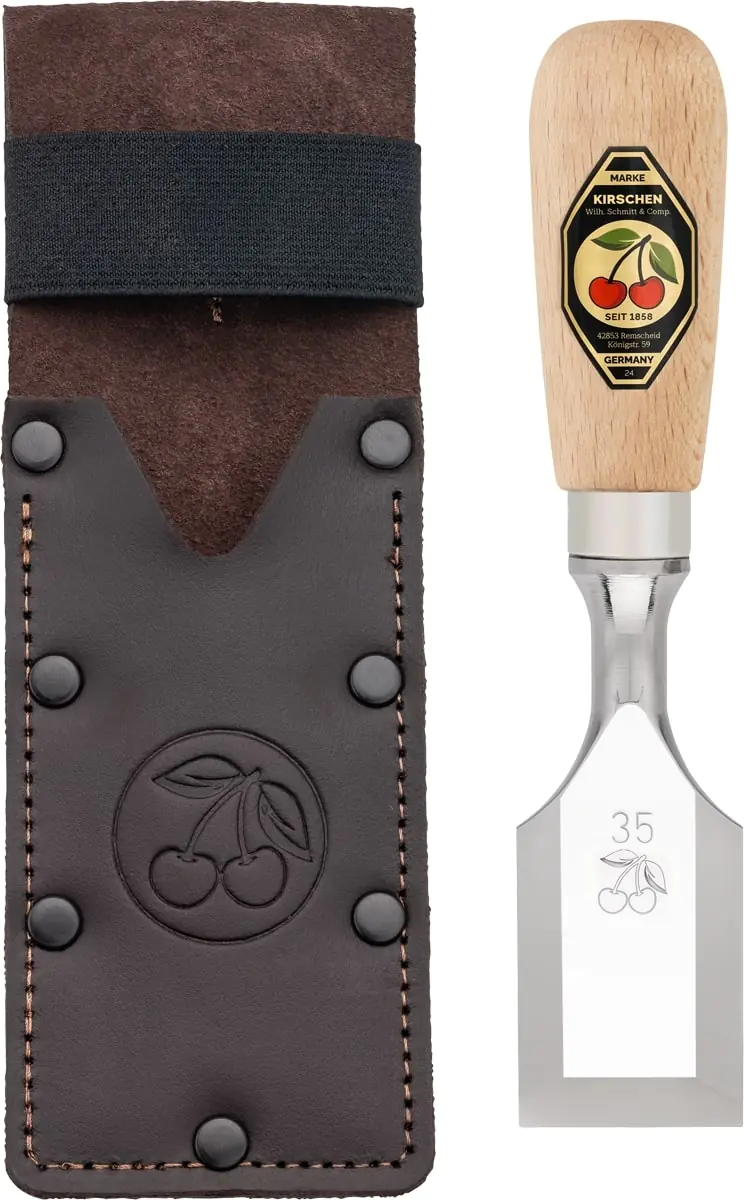 Short Bent Gouge 35 mm in Leather Holster with Beech Handle KIRSCHEN