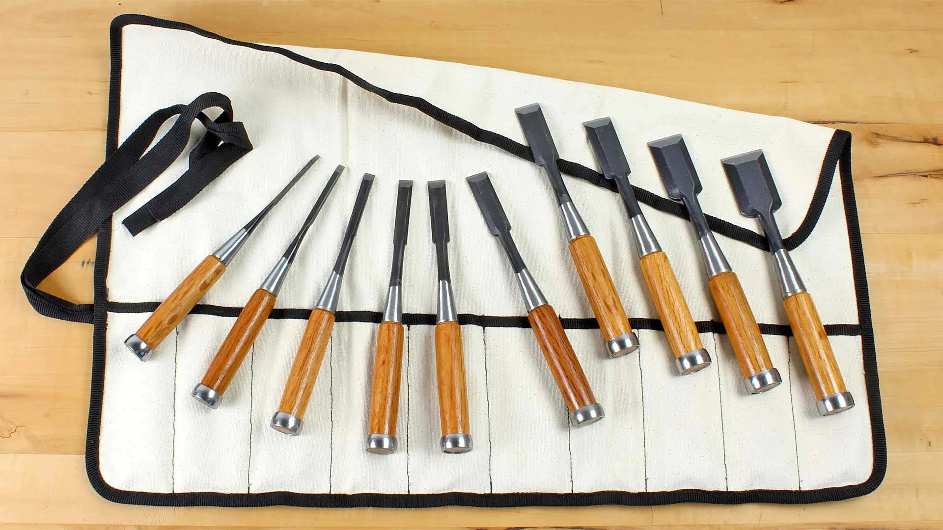 Set of 10 Japanese Chisels 3-6-9-12-15-18-21-24-30-36 mm in Canvas Tool Roll HIKOZA