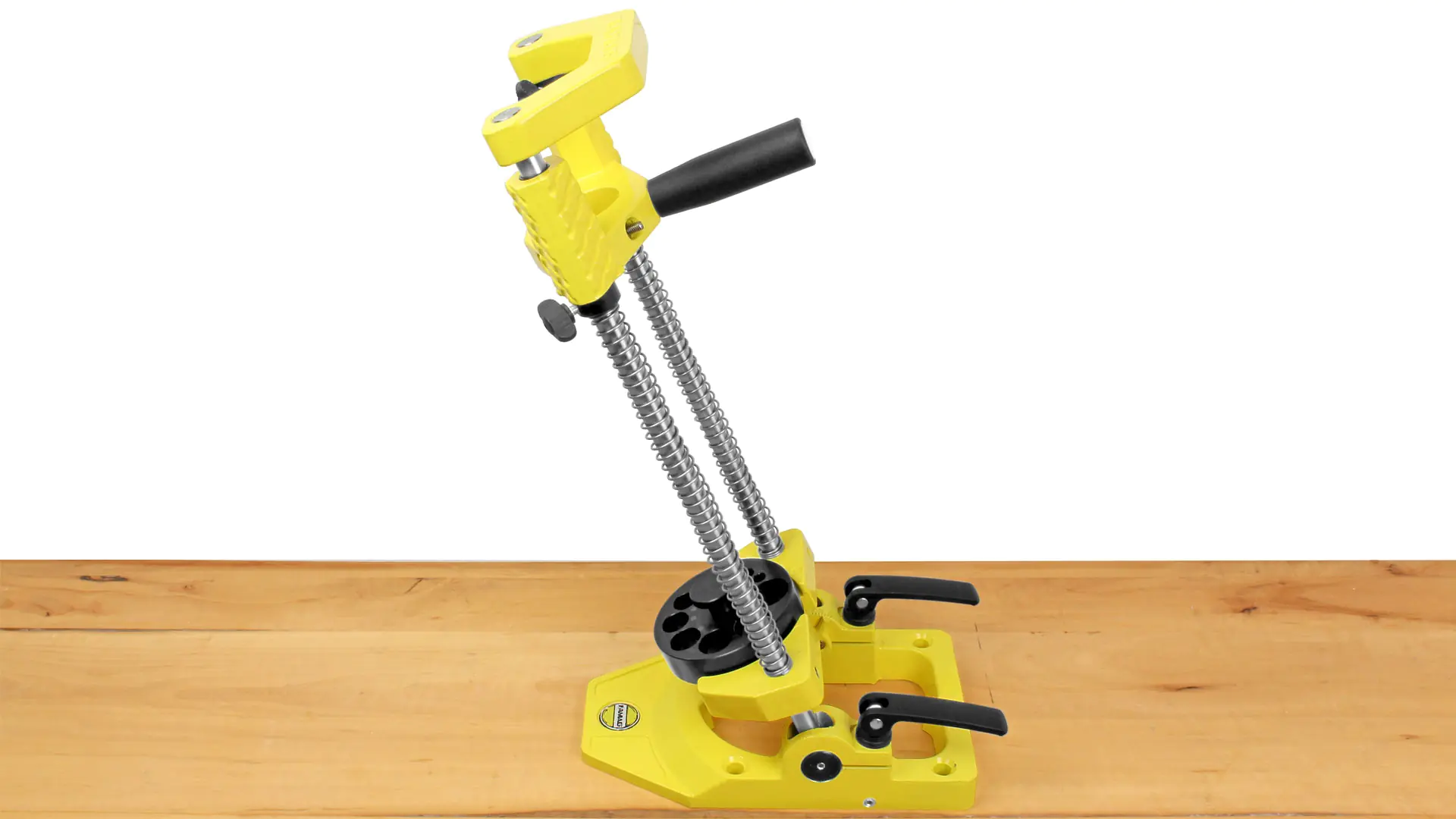 Swivel drill stand with drill bushing plate and return spring FAMAG