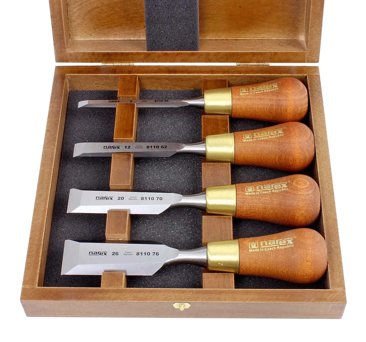 Set of 4 Butt Chisels 6-12-20-26mm in Wooden Box WOOD LINE PLUS NAREX