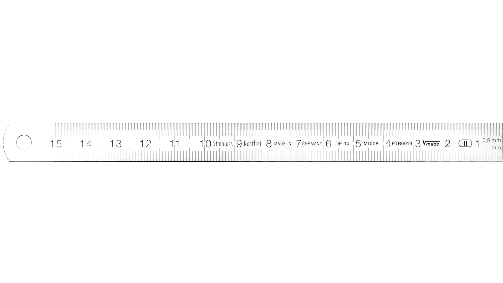 Steel ruler, reading from right to left, 1/2 mm graduation on the upper edge, mm graduation on the lower edge, flexible
