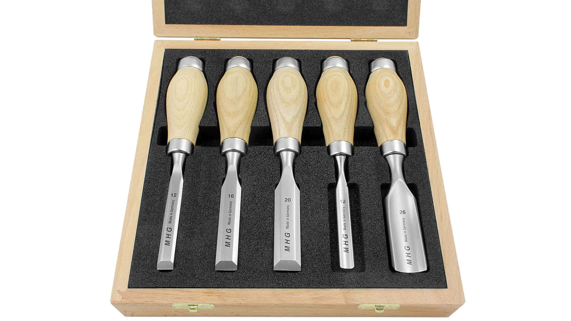 Mixed Set Short Chisels 12-16-20mm and Butt Chisel Gouges 12-26mm in Wooden Box MHG