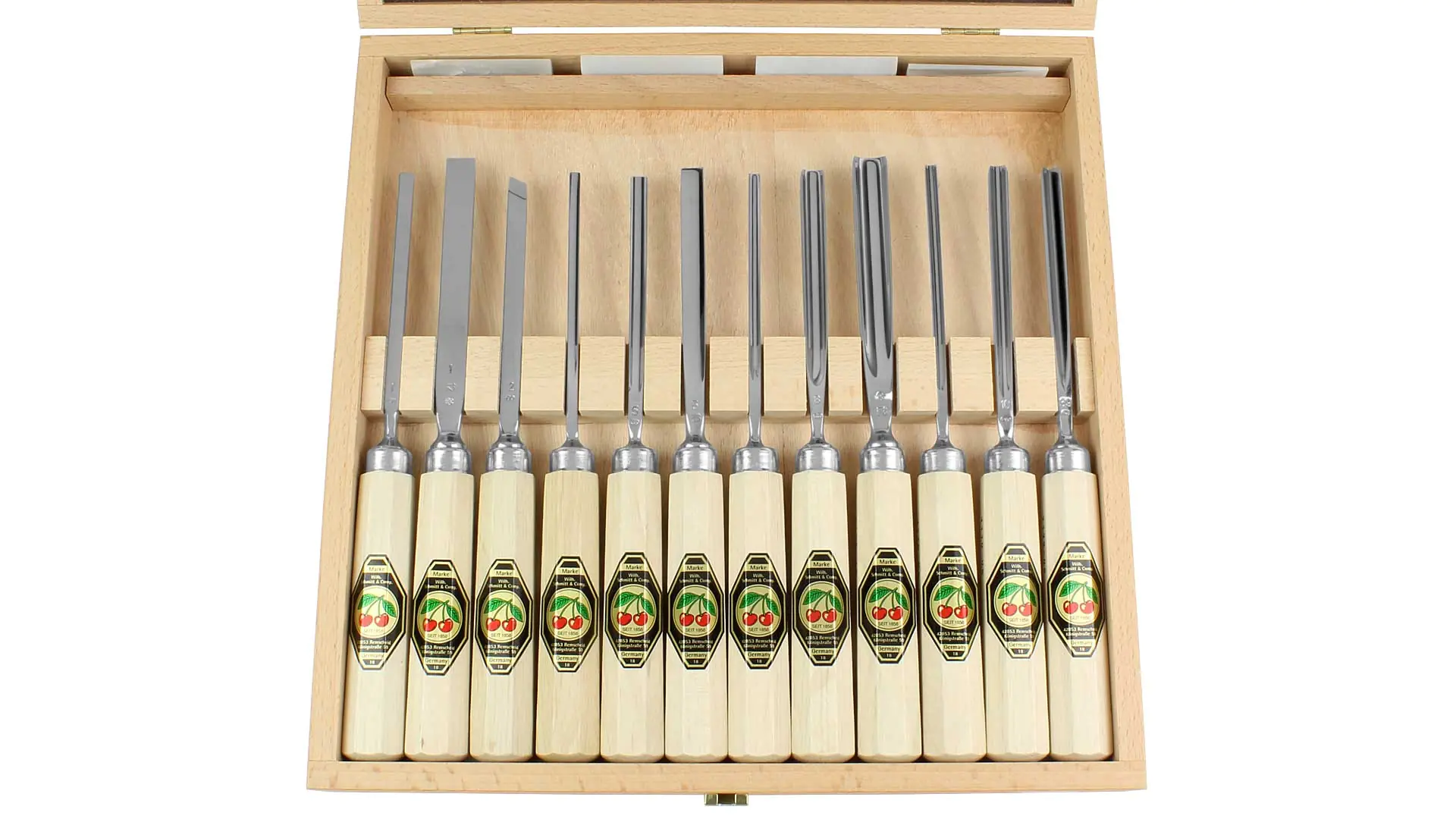 Set of 12 Carving Chisels in Wooden Box TWO CHERRIES