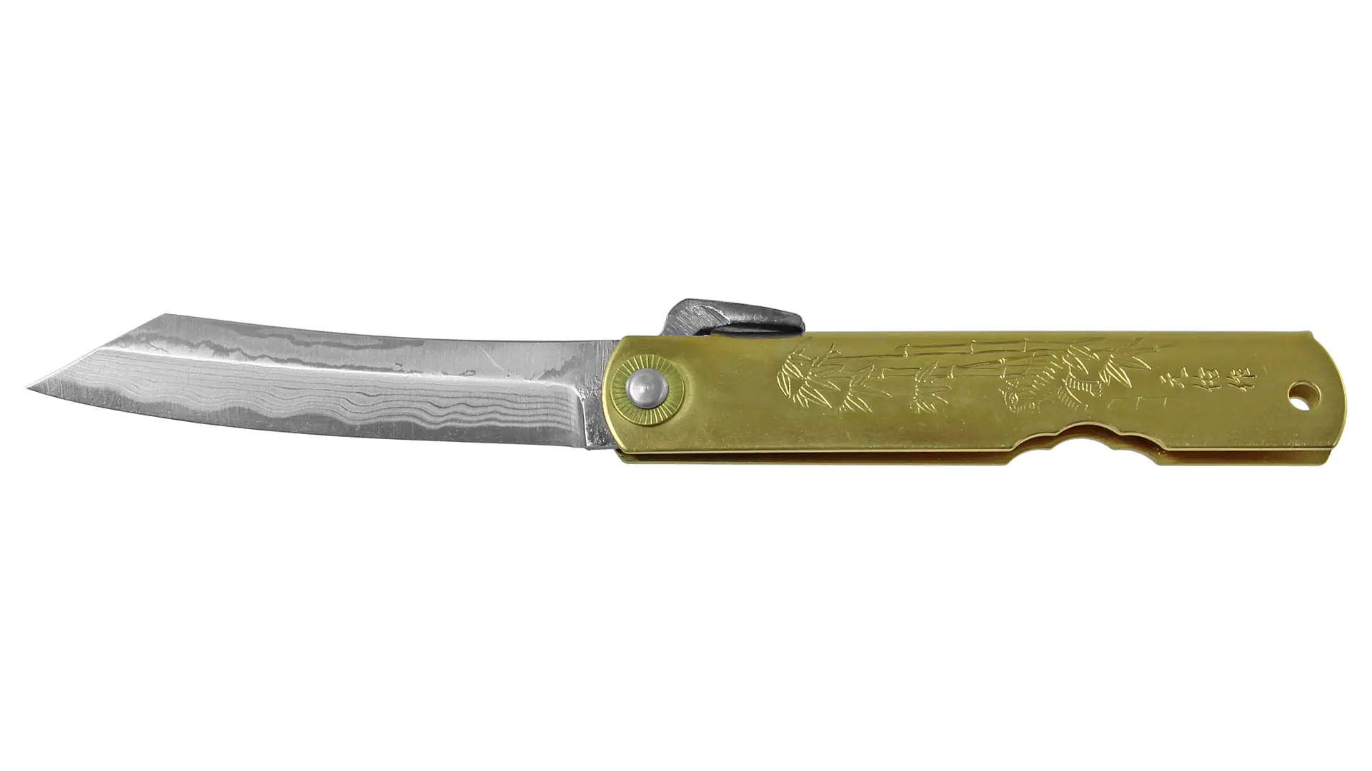 Japanese pocket knife with brass handle and Damascus blade "Higonokami"