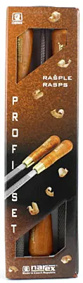 Set of 3 Rasps flat-round-halfround with Wooden Handle 16 Teeth per cm2 Cutting Length 200 mm NAREX
