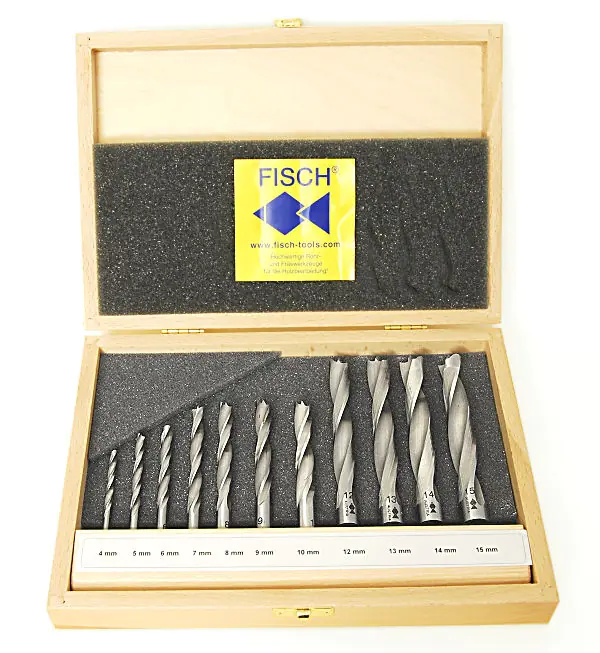 Set of 11 Wood Twist Drills 4-5-6-7-8-9-10-12-13-14-15 mm in Wooden Box FISCH
