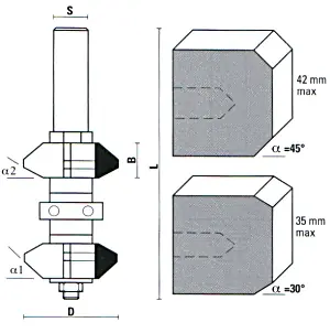 Double Chamfer Cutter Assembly TCT D=35mm B=14mm Angle1=45°  Angle2=30° L=108mm S=8mm KLEIN