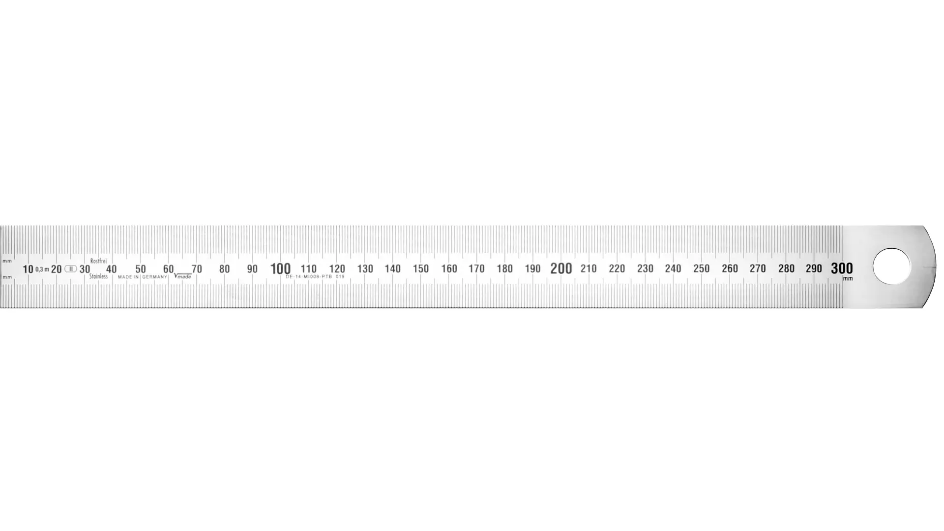 Wide steel ruler, reading from left to right (standard), mm graduation on both edges, rigid yet still rollable