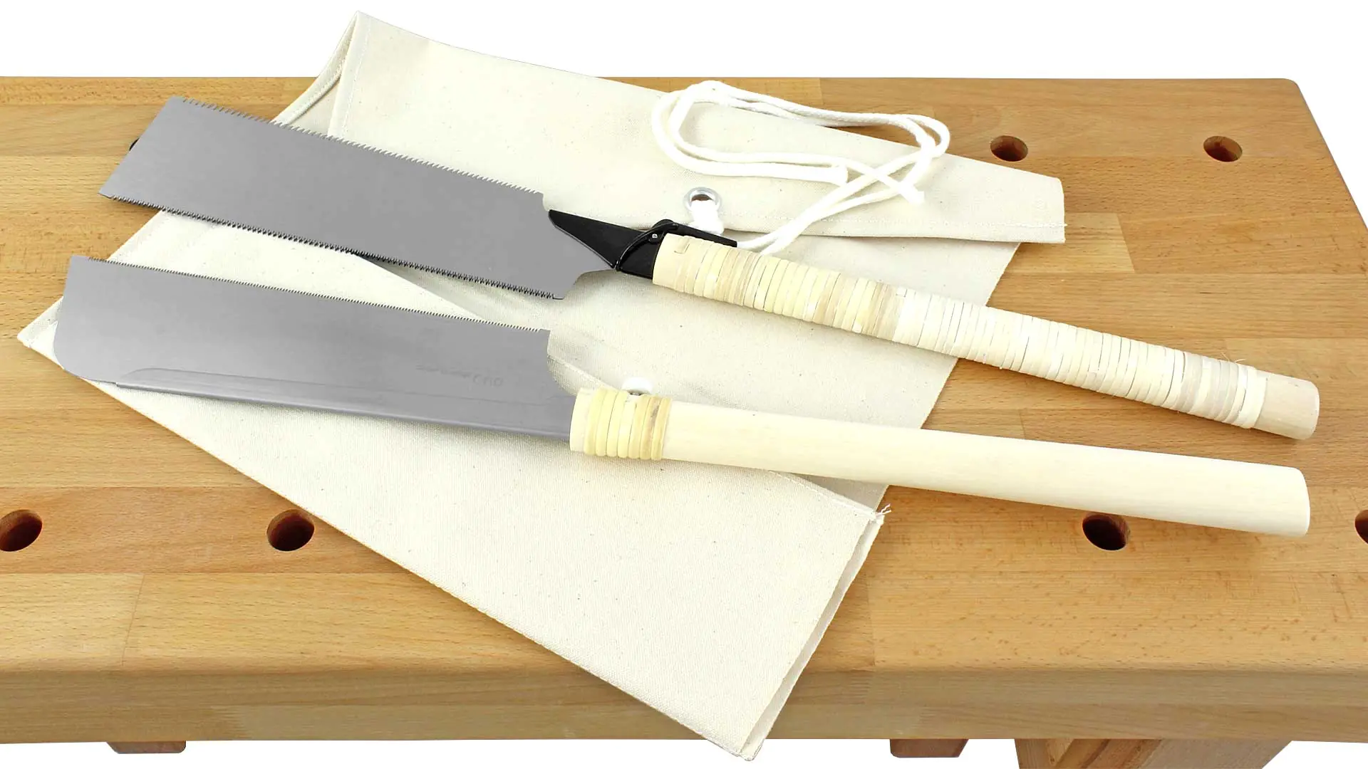 Set of 2 Japanese Saws consisting of Ryoba 309310 - Dozuki 312028 and Canvas Saw Holder 309858