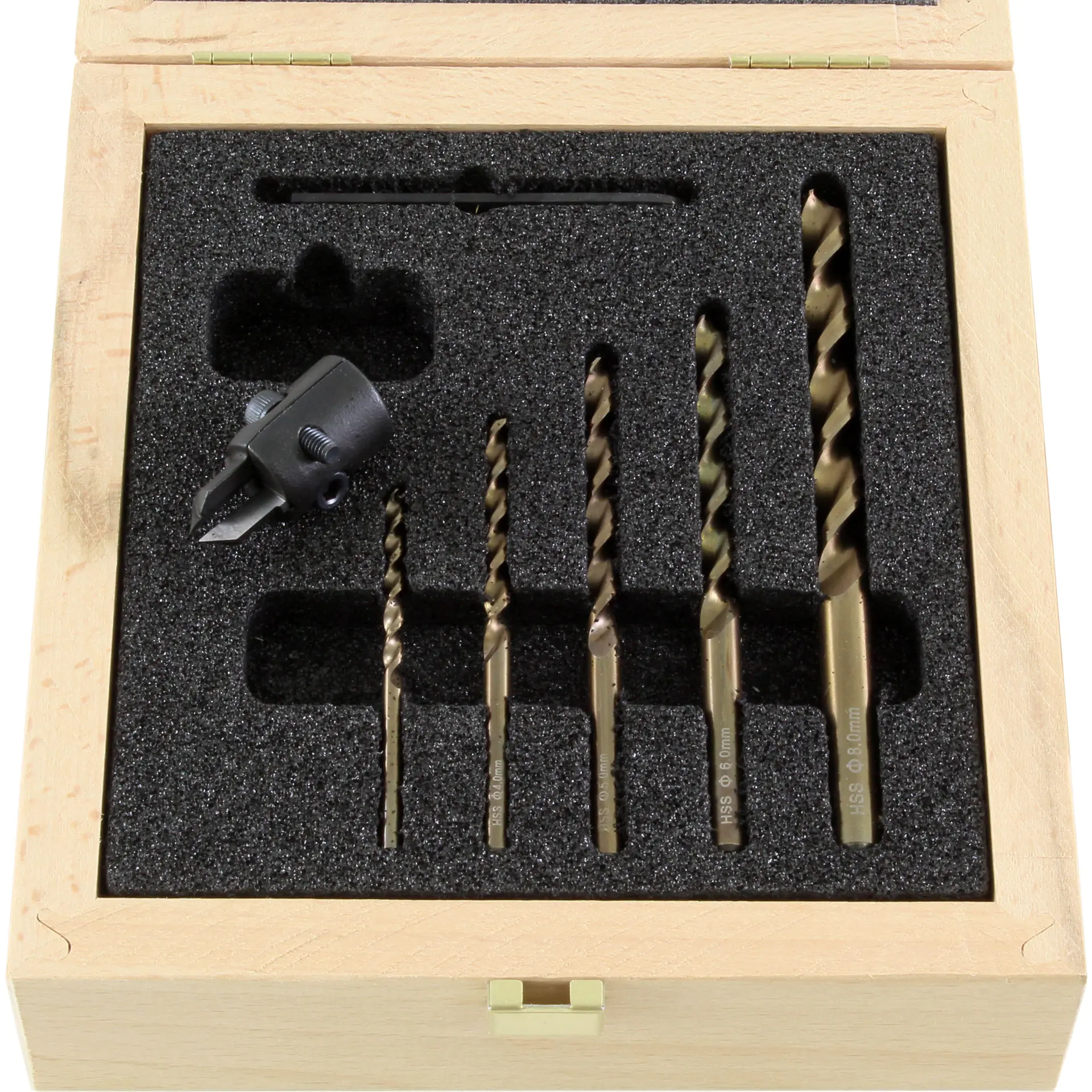Drill Bit and Vario Countersink-90° Set in Wooden Box with HSS-G Drill Bits 3-4-5-6-8 mm FAMAG