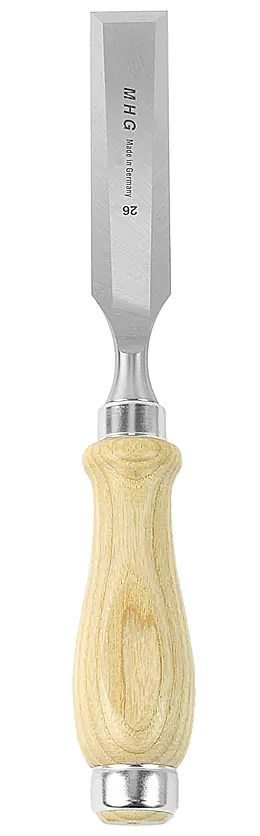 MHG chisels with a flattened and oiled round handle and side bevels extending to the mirror side.