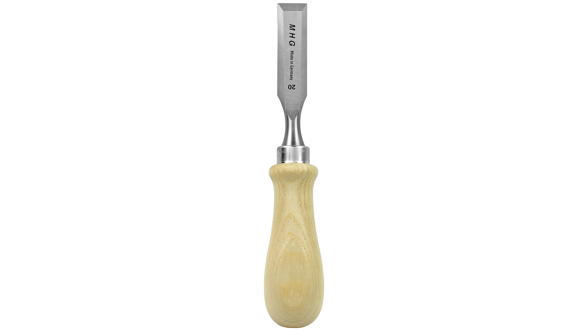 Short MHG chisels with oiled, flattened round ash handles and beveled edges extending to the mirror side - without ferrule