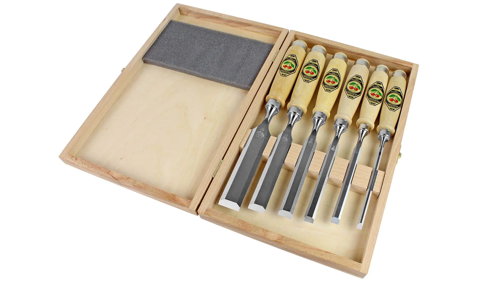 Set of 6 Chisels - grinded not polished - with wooden Handle in Wooden Box TWO CHERRIES