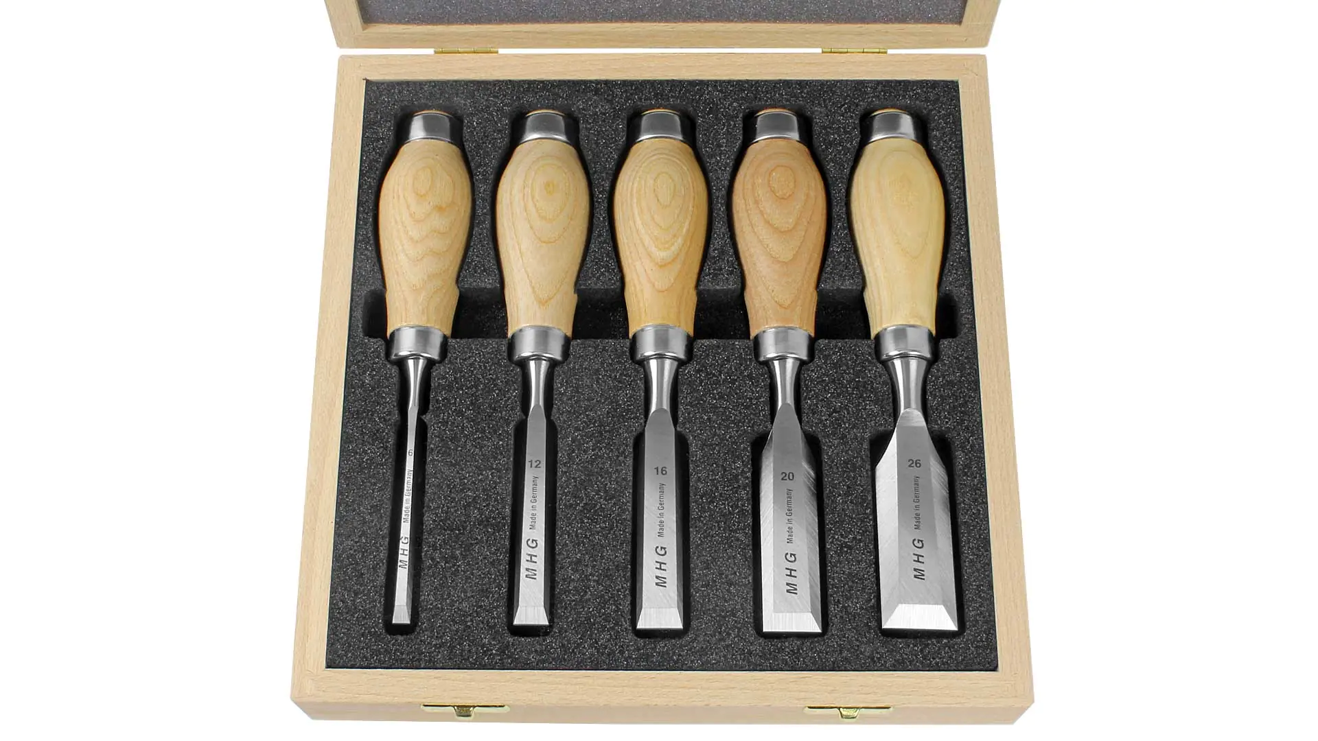 Set of 5 Short Chisels 6-12-16-20-26mm with Ferrule with oiled round Ash Handle Side Bevel ground down to mirror side in Wooden Box MHG