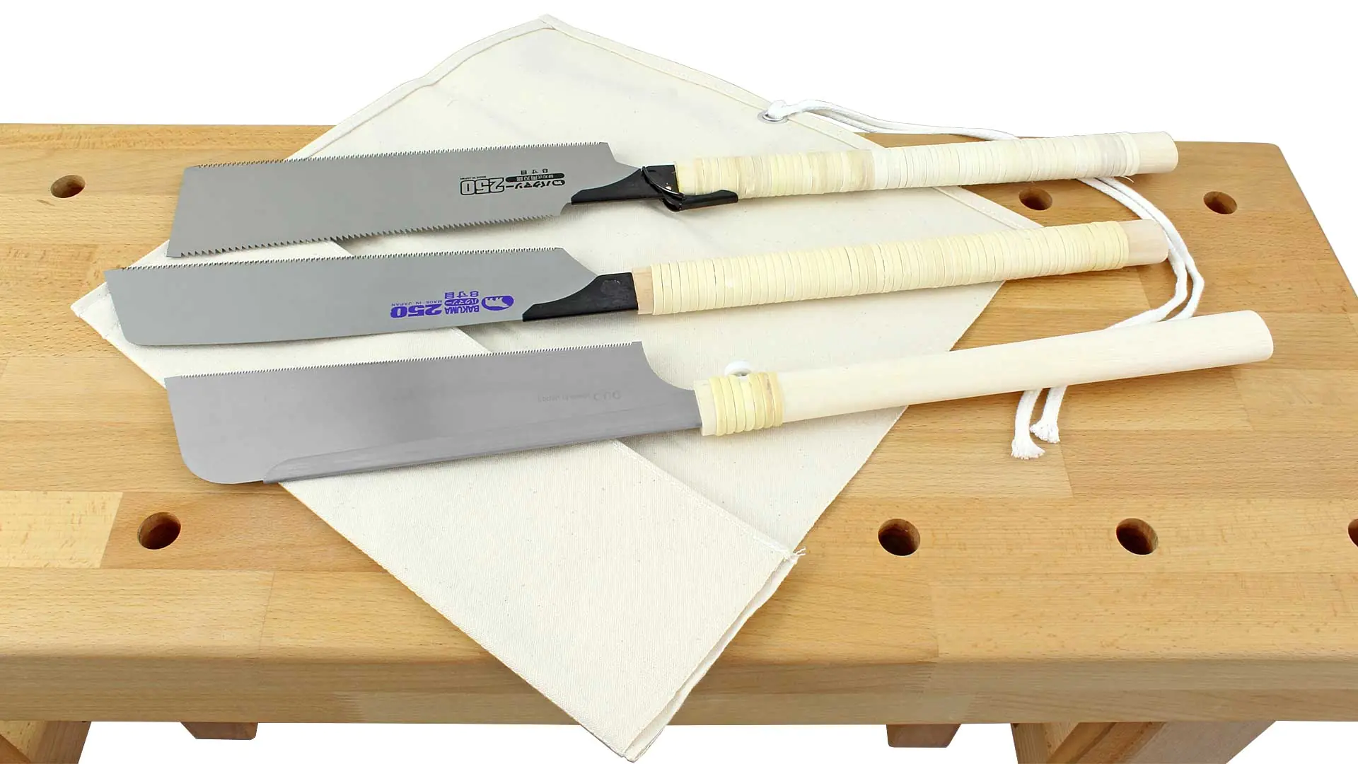 Set of 3 Jap. Saws: Ryoba 309310 - Dozuki 312028 - Kataba 309300 - Canvas Saw Holder 309858