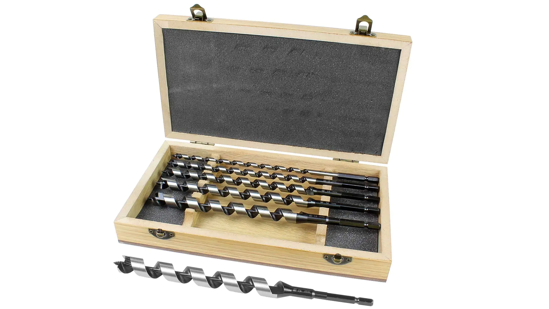 6 pcs Set Auger Bits 6-8-10-12-14-16mm O/L 235mm in Wooden Box 6 pcs Set Auger Bits 6-8-10-12-14-16mm O/L 235mm in Wooden Box
