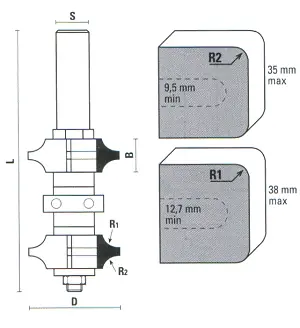 Double Roundover Cutter Assembly TCT D=35mm R1=6.4mm R2=4.8mm B=14mm L=108mm S=8mm KLEIN