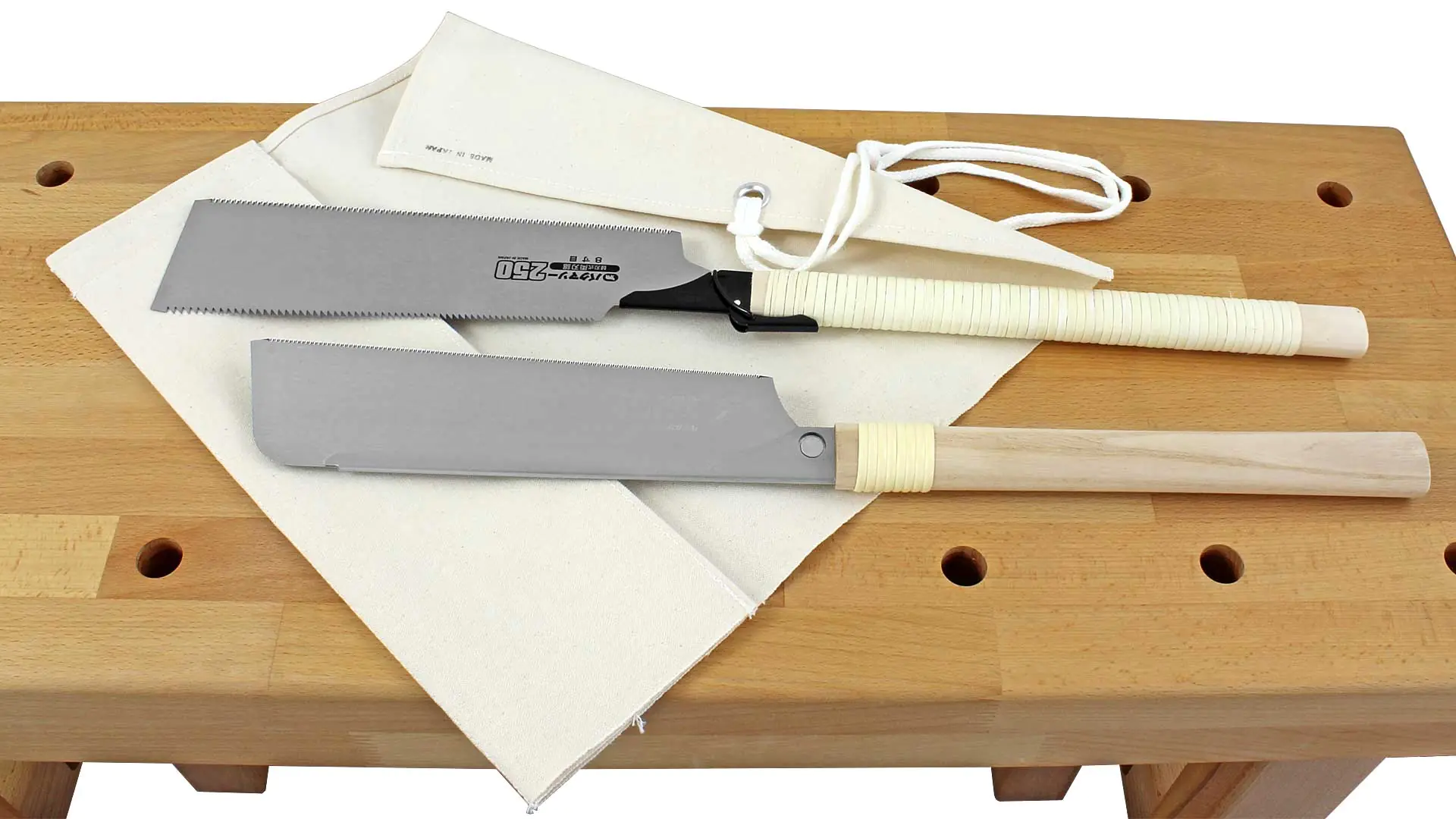 Set of 2 Japanese Saws consisting of Ryoba 309310 - Dozuki 309325 and Canvas Saw Holder 309858