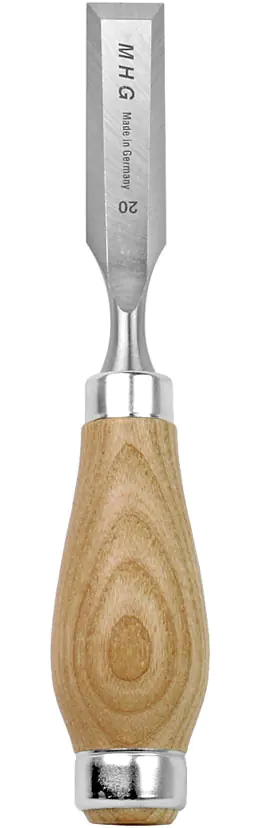 Short MHG chisels with oiled round ash handles and side bevels to the mirror side - with ferrule