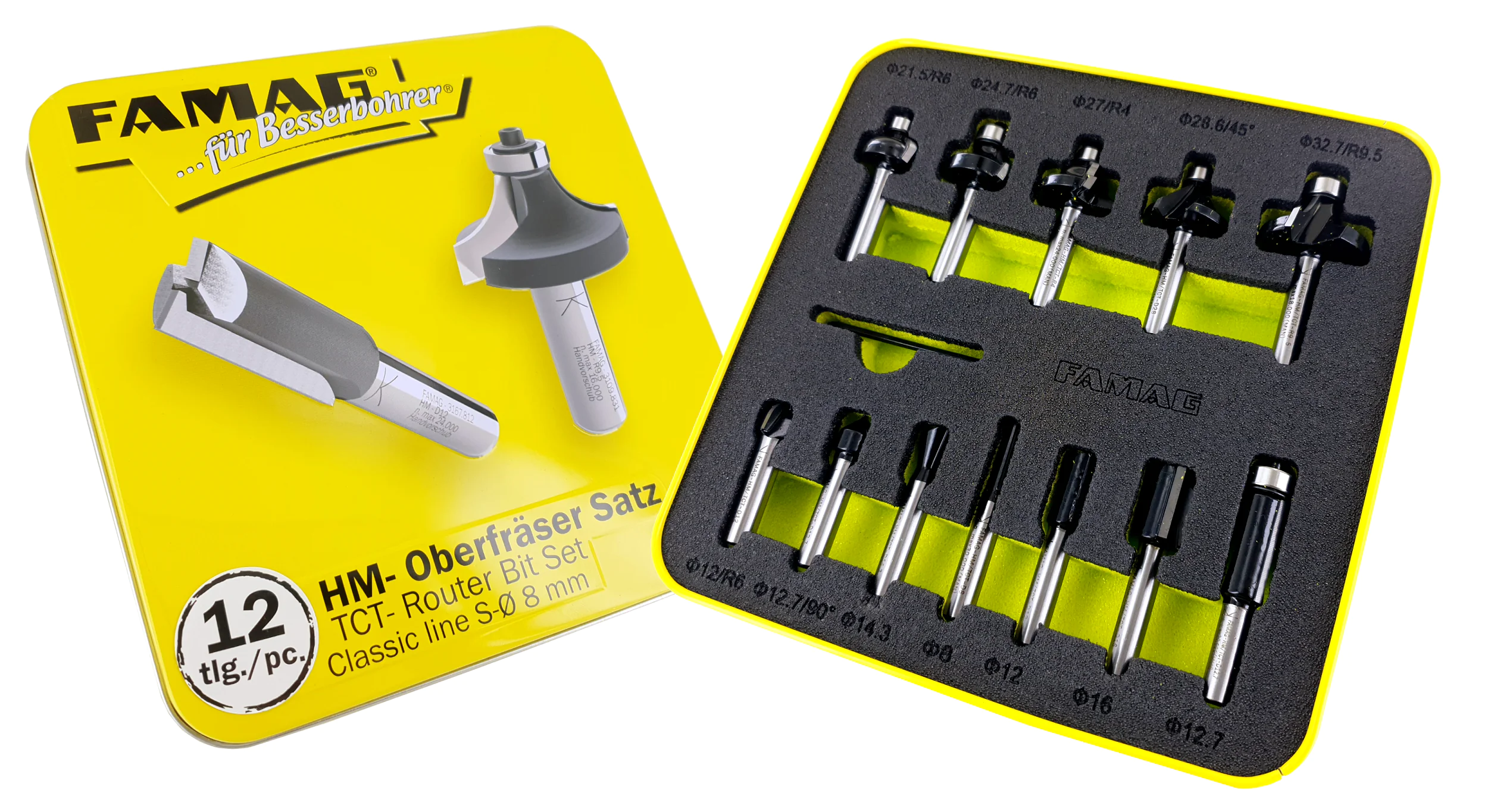 12-piece Router Bit Set in Metal Box Classic Line FAMAG 12-piece Router Bit Set in Metal Box Classic Line FAMAG