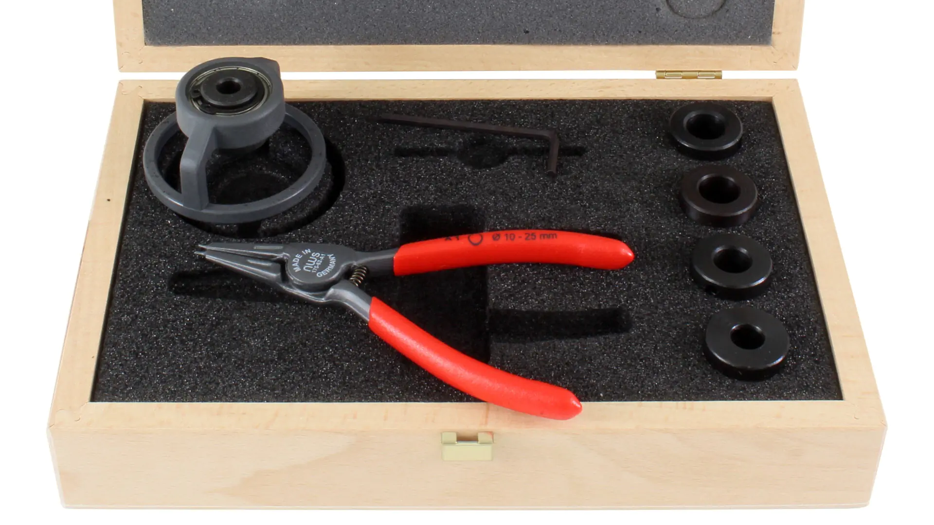 Depth stop set with 5 guide bushings and circlip pliers for FAMAG Forstner bits 10 - 48 mm in wooden box