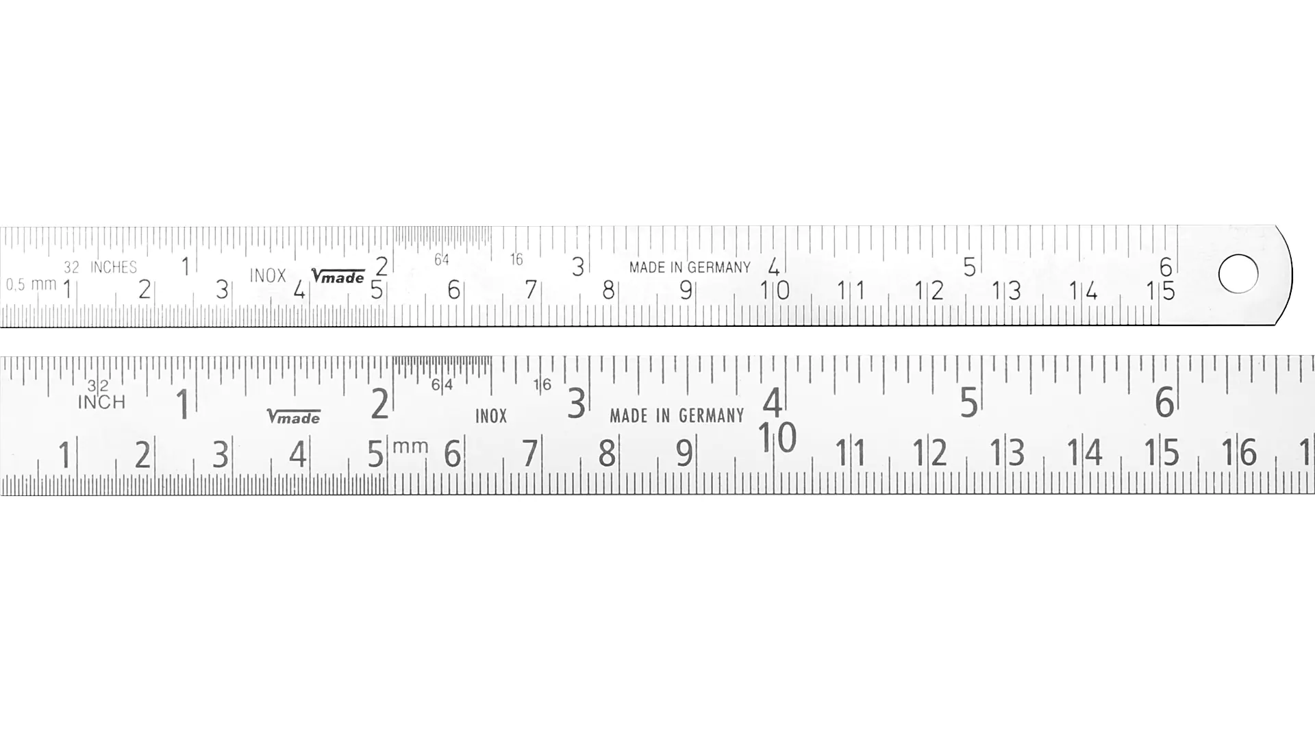 Steel ruler, reading from left to right (standard), 1/32 inch graduation on top, mm graduation on bottom, flexible