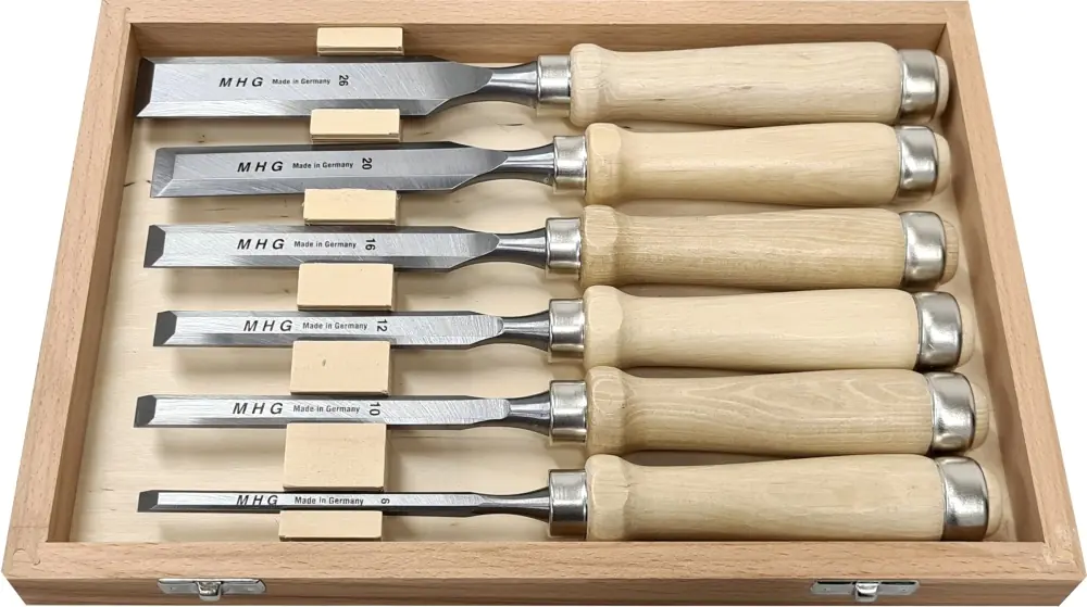 Set of 6 MHG Chisels Blade grinded only with wooden Handle 6-10-12-16-20-26 mm in paper box