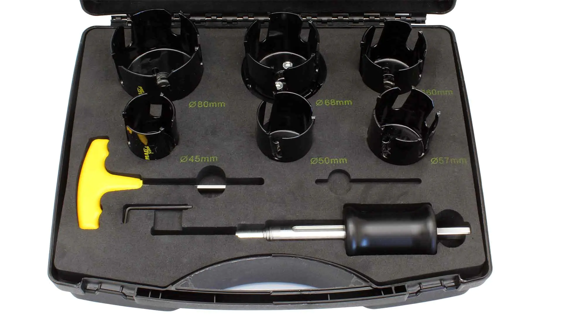 Set of TC PAROLI Hole Saws 45-50-57-60-68-80mm incl. edge countersink cap for Ø 68 mm + Pumpshank incl. 6 adapters & HSS centre drill
