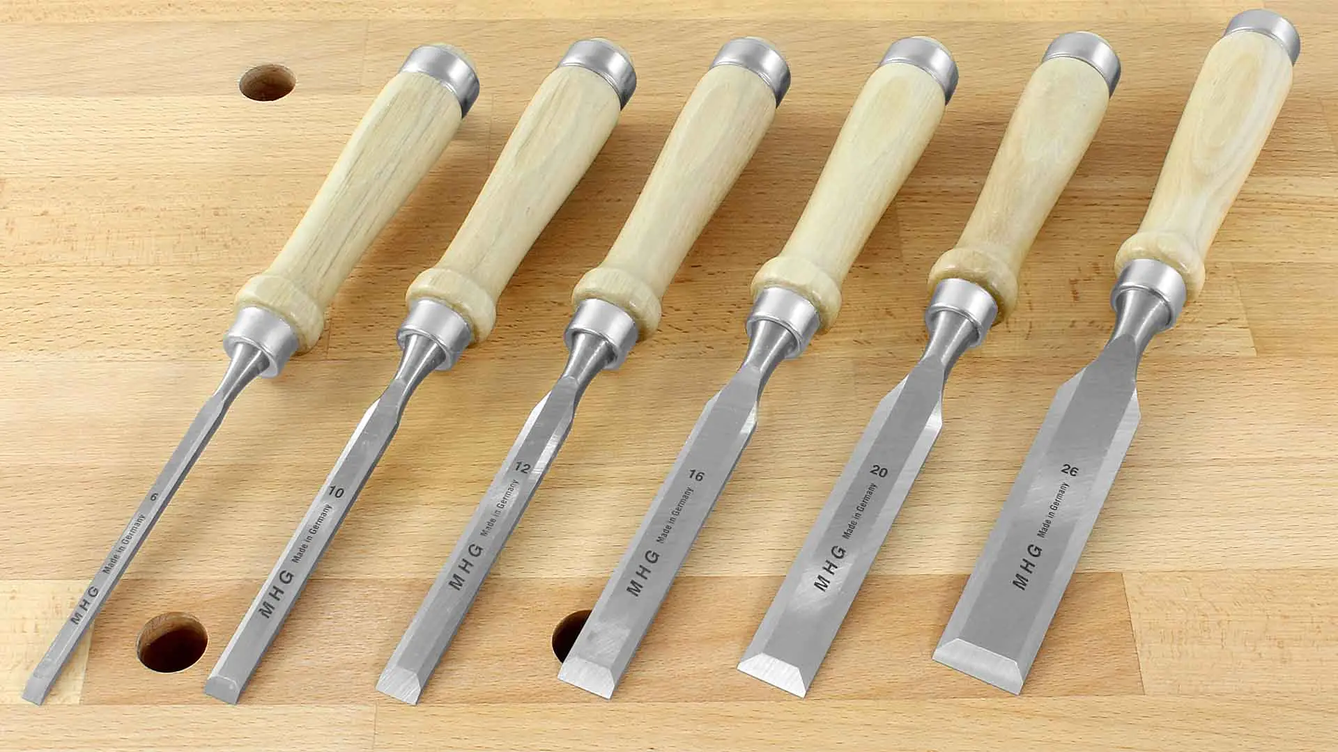 Set of 6 MHG Chisels Blade grinded only with wooden Handle 6-10-12-16-20-26 mm in paper box