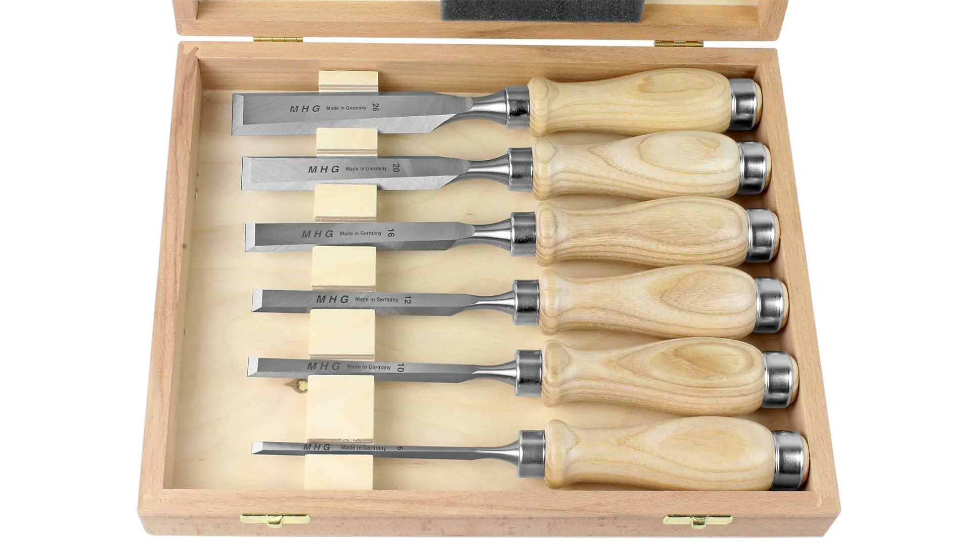 Set of 6 chisels 6-10-12-16-20-26mm with oiled ash handle round flattened side bevel - in wooden case MHG