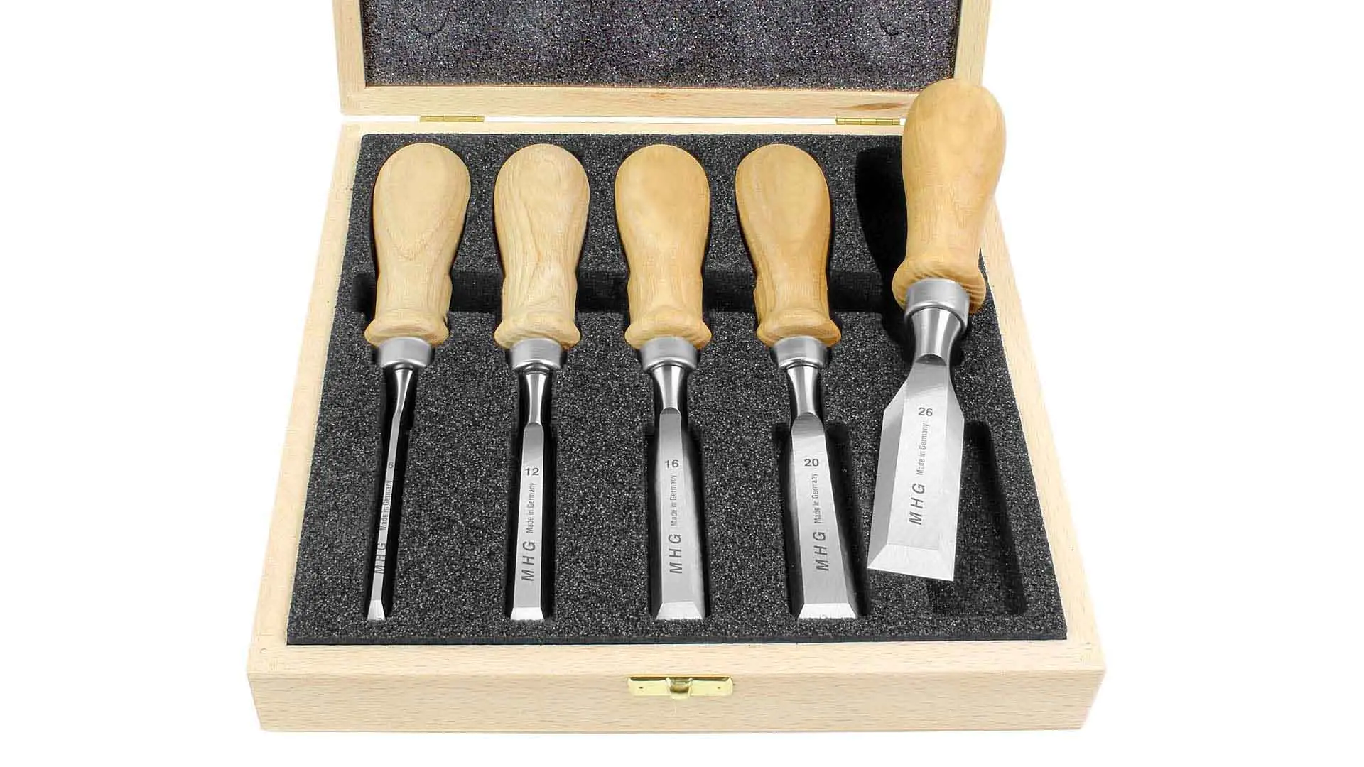 Set of 5 Short Chisels 6-12-16-20-26mm without Ferrule with oiled round Ash Handle Side Bevel ground down to mirror side in Wooden Box MHG