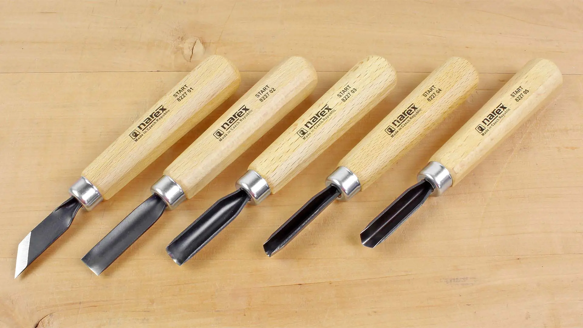 5 Pcs set carving chisels Start with wooden block 165 x 80 x34 mm NAREX