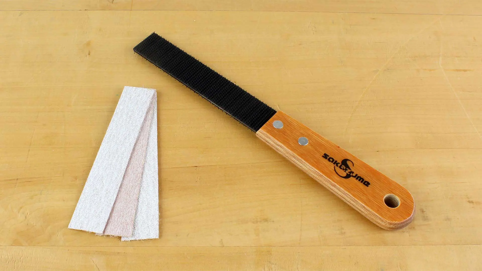 Sanding Plate 100 x 20 mm with wooden Grip with Fastener with 3 Sanding Sheets total Length 200 mm