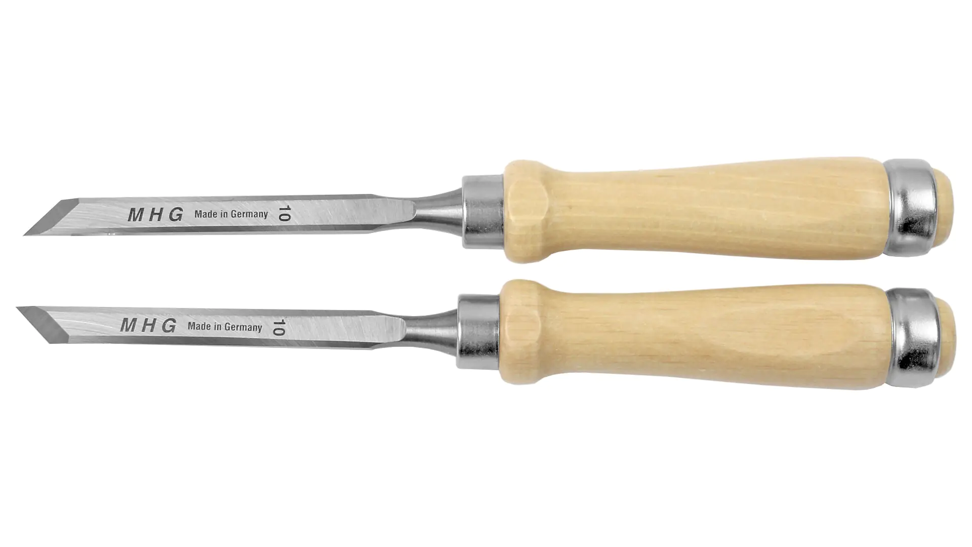 Pair of Skew Chisels right- and left-handed - with hoop - grinded only 10 mm MHG Pair of Skew Chisels right- and left-handed - with hoop - grinded only 10 mm MHG