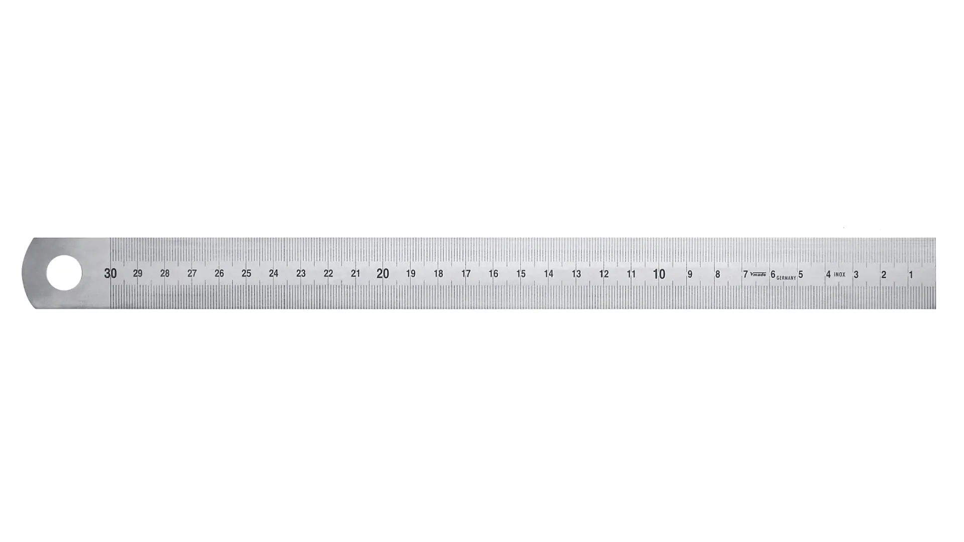 Wide steel ruler, reading from right to left, mm scale on both edges, numbers indicate cm, rigid yet still rollable
