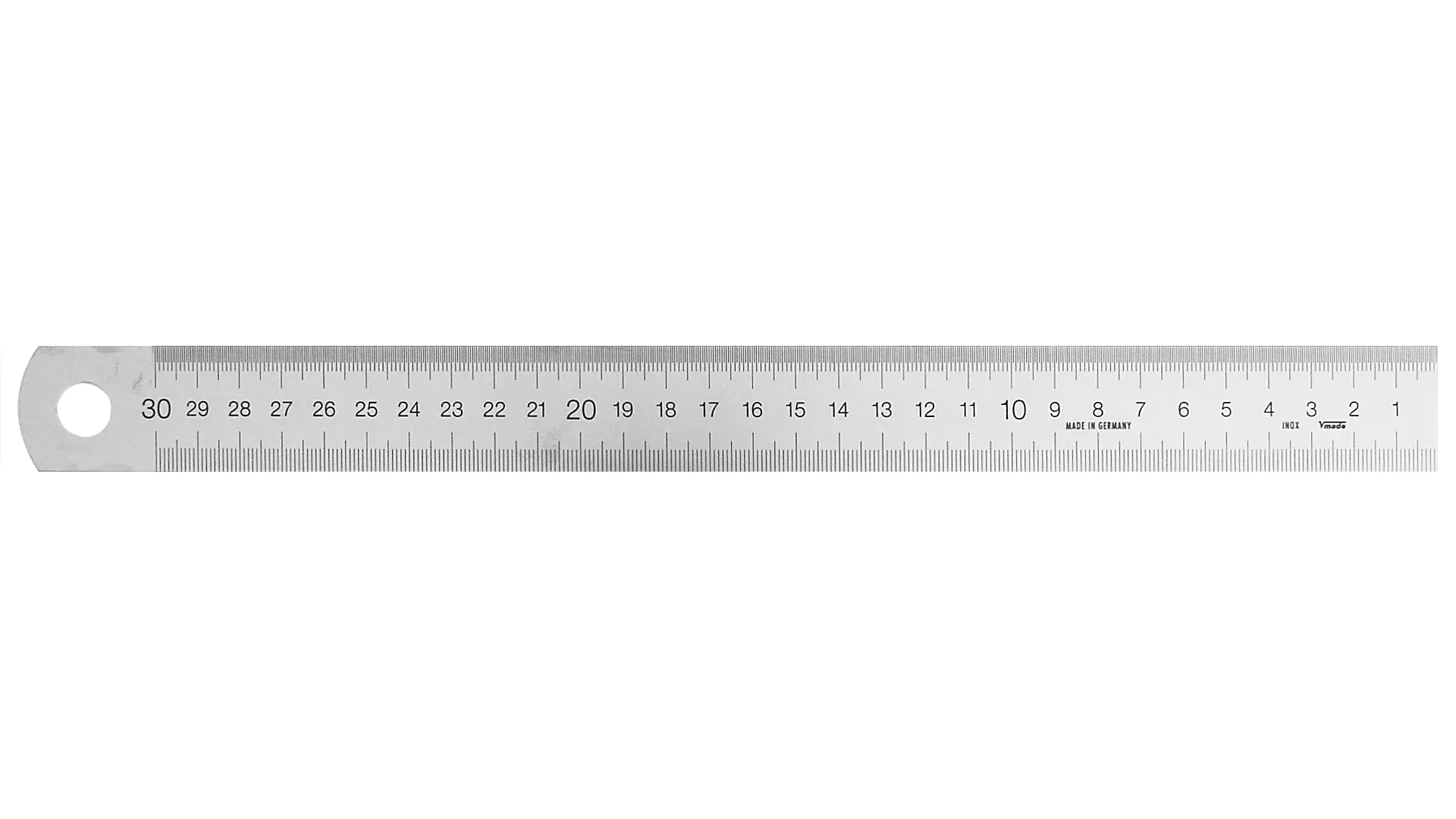 Wide steel ruler, reading from right to left, 1/2-mm graduation on the upper edge, 1-mm graduation on the lower edge, numbers display in cm, rigid, yet still rollable