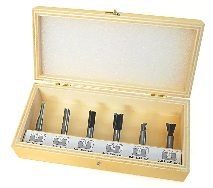 Set of 6 Router Bits (Mixed Set 1) in wooden Box cons. of Straight Cutters 6-8-10-12 mm and Dovetail Bits 8mm/9° and 12.7mm/14° KLEIN