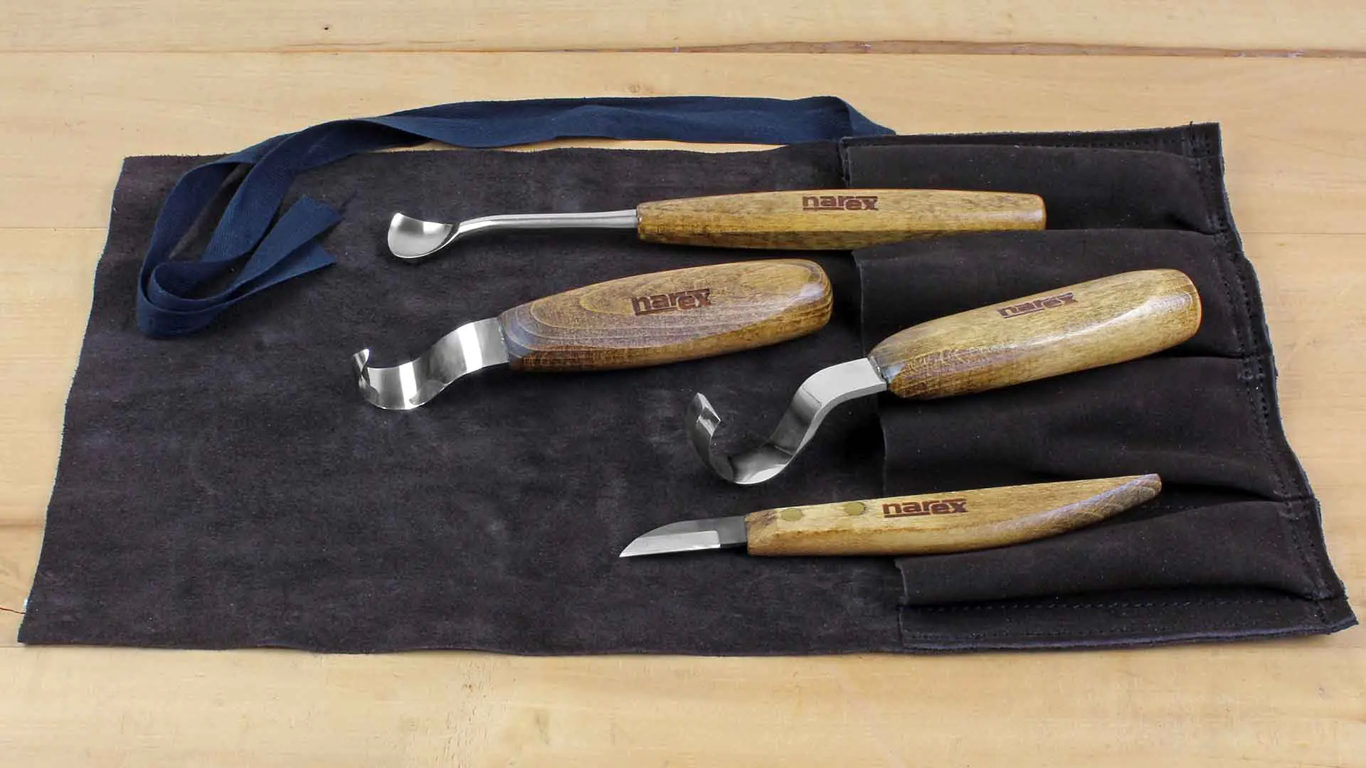 4 Pcs set spoon carving chisels profi in leather tool roll NAREX