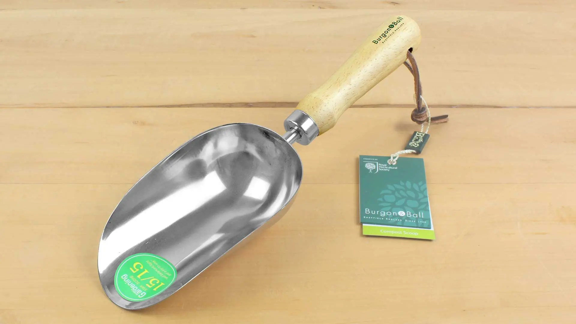 Stainless Compost Scoop with wooden Handle Total Length 300 mm = 12 in. BURGON & BALL